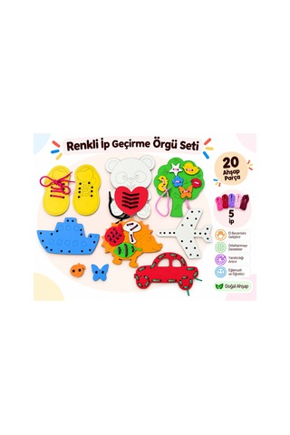 Eğitici Ahşap Renkli Ip Geçirme Örgü Seti 25 Parça Montessori El Kası Geliştirme Kitap Kutulu