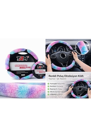 Renkli Peluş Direksiyon Kılıfı - 38 Cm - Kaymaz Şık Tasarım Çok Renkli