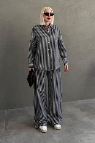 Madmext Siyah Çizgili Gömlek Pantolon Kadın Takım Mg2457 Siyah