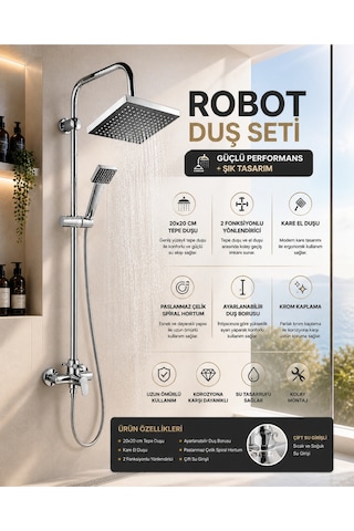Premium Lüx Krom Robot Duş Seti Fonksiyonlu Paslanmaz Çelik Kaliteli Malzeme Yağmurlama Kare Tepe Duş Seti