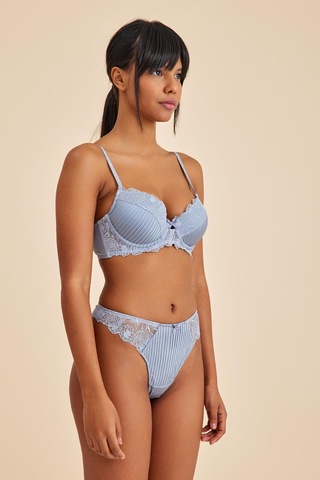 Paris Gri Mavi Balenli Dantelli Dolgulu Push-up Sütyen Mavi