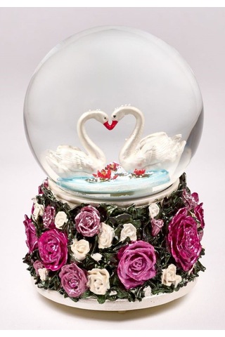 Kar Küresi Renkli Güller Büyük 120 Mm El Boyaması, Müzikli Kendinden Üflemeli, Kuğular