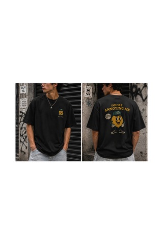 Qmen Style Unisex Siyah Oversize Baskılı T-shirt Limon %100 Pamuk