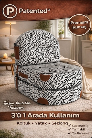 Viscolog Comfort Yeni Nesil Bohem Tekli Koltuk,legom Yataklı Katlanır Berjer,yer Yatağı, Modüler, 65x75 85cm Zebra Desen