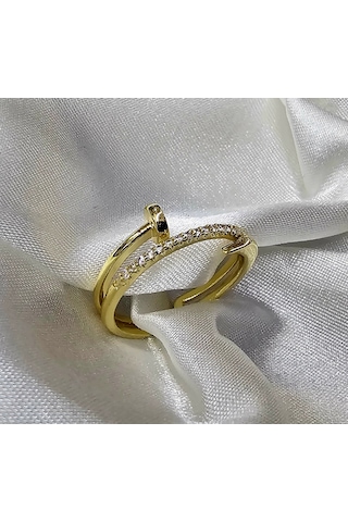 Dükkan Design Çivi Desenli Tasşlı Sarı Çelik Yüzük Sarı Altın