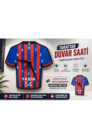 İsimli Taraftar Duvar Saati , Kişiye Özel - Hediyelik İsimli Forma Duvar Saati - İsimli Bordo Mavi D Siyah