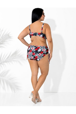 Büyük Beden Kırmızı Çiçek Desenli Tül Detaylı Kapsız Telli Yüksek Bel Kadın Bikini Takım