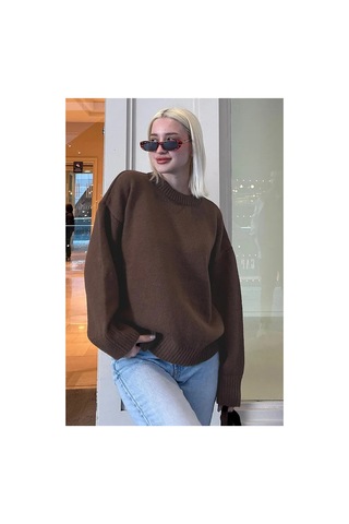 Flex Fashıon Kadın Kahverengi Trend Popüler Oversize Triko Kazak - Yumuşak Dokulu Bisiklet Yaka Kahverengi - 730329404 Kahverengi - 730329404 Kahverengi