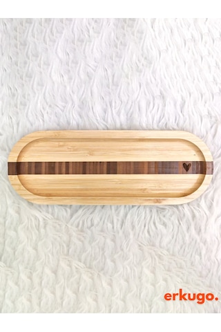 2 Adet Bambu Kalp Desenli Oval Servis Tabağı, Sunum Tabağı 25,5 X 9,5 Cm Bambu