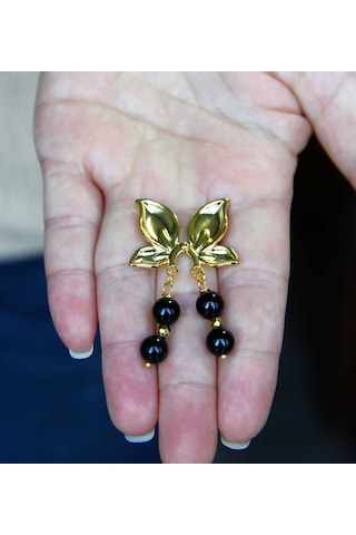 Kelebek Model Altın Kaplama Oniks Doğal Taşlı Küpe Kadın Sallantılı Küpe Euku35o Siyah