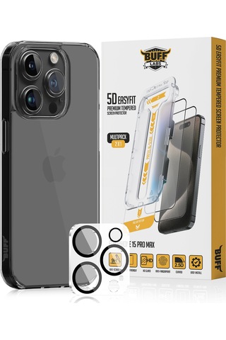 Buff Apple iPhone Uyumlu 15 Pro Max Paket - Siyah Kılıf + Ekran Koruyucu + Lens Koruyucu - 5d Glass Şeffaf