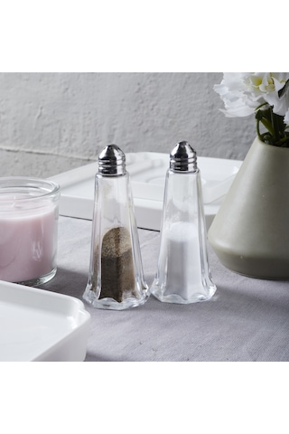 Porsima 15332 2'li Cam Gövdeli Metal Krom Kapaklı Tuzluk Biberlik