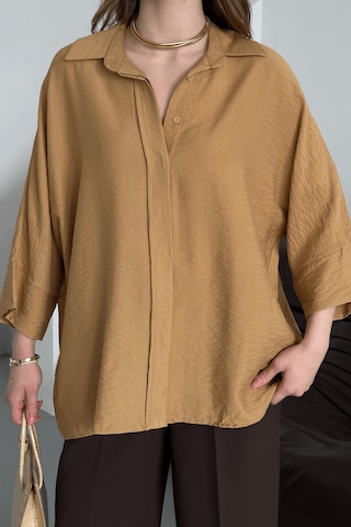 Paw Garage Kadın Evelyn Vizon Oversize Gömlek, Keten Ayrobin Ön Patlı Gömlek Vizon