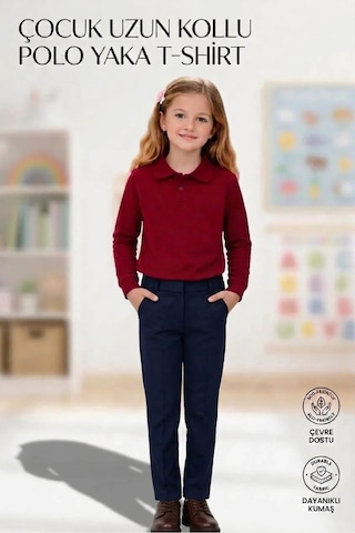 Erdem Kıds Unisex Kız Erkek Çocuk Polo Yaka Pamuklu Uzun Kol Bordo Günlük Basic Okul Tişört