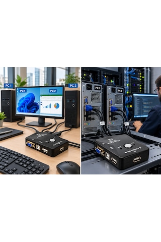 2 Port Usb Kvm Switch 2 Bilgisayar Tek Monitör Klavye Mouse Paylaştırıcı Vga Bağlantılı Usb 2.0 Çoklu Pc Kontrol Cihazı