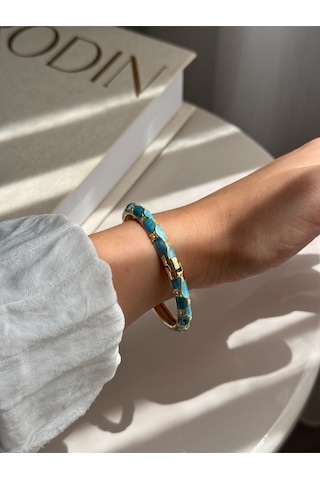 Taş Detaylı Mavi Mineli Altın Kaplama Kelepçe Bilezik Işıltılı Kadın Çelik Takı Altın