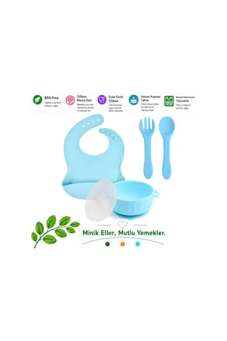 Silikon Beslenme Seti Silikon Vakumlu Kapaklı Mama Kase , Silikon Önlük, Silikon Kaşık