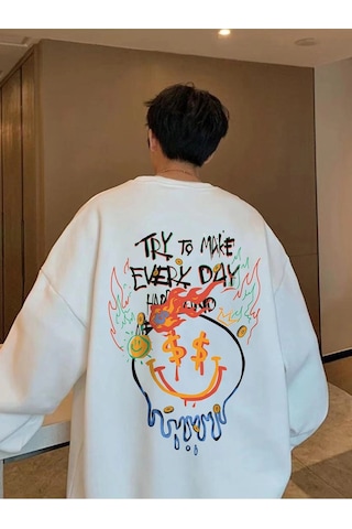 Adrift Manfinity Emrg Cartoon And Slogan Graphic Sweatshirt Beyaz Beyaz