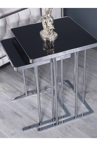 Premium Zigon Sehpa & Yan Sehpa 3'lü Kare Sehpa Hıgh Gloos Mdf Siyah Bronz Ayak