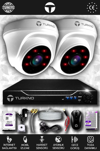 Turkno 2 Kameralı Domia 2 İç Kamera Set 250 GB HDD Full HD Gece Görüşlü Güvenlik Kamerası Sistemi