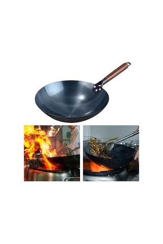 Dökme Demir Wok, Kızartma Tavası, Yuvarlak Tabanlı Kaplamasız, Yapışmaz 34cm