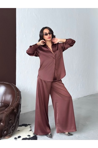 Verymoda Yüksek Bel Bol Paça Saten Pantolon Şık Ve Rahat Tasarım F2052 Kahve