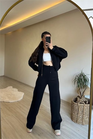 Neşeli Butik Kadın Fermuarlı Oversize Sweat Ve Yüksek Bel Eşofman Takımı Nm018 Siyah
