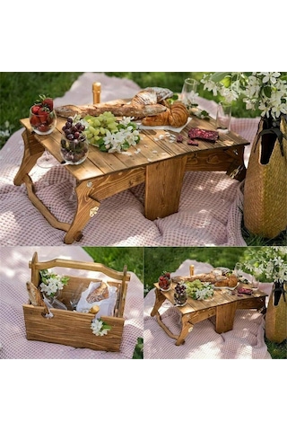 Xiaaokeji Ahşap Dış Mekan Katlanır Piknik Masası, Dönüştürülebilir Depolama Ahşap Sepet Kahverengi