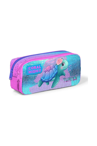Coral High Kids Açık Pembe Mavi Kaplumbağa Desenli İki Bölmeli Kalem Çantası 12061