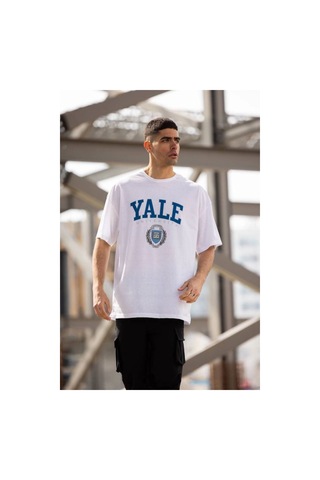Vinevesta Erkek Kısa Kol Yazlık Tişört Bisiklet Yaka Yale Baskılı T-shirt - Beyaz Çok Renkli
