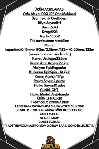 Oslo Alexa 1000 Oslo Action Game 225cm 2-12gr Lrf Olta Seti Standart