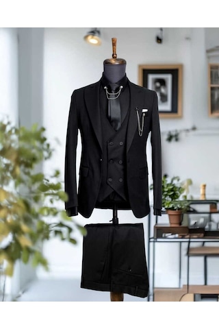 Beystil Sivri Yaka Siyah Takım Elbise Nikol04- Slim Fit Siyah
