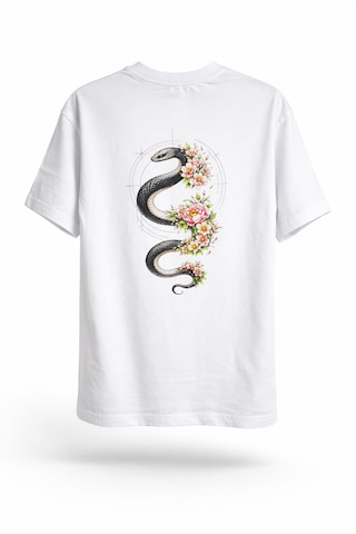 Yılan Ve Desen Sırt Baskılı %100 Pamuk Oversize T-shirt Beyaz