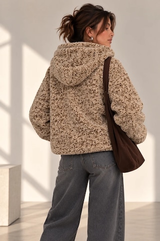 Bb Butik Basic Kadın Kapüşonlu Fermuarlı Peluş Ceket Oversize Rahat Kesim My3535 Kahverengi
