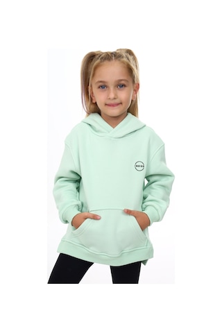 Toontoy Kız Çocuk Oversize Kapüşonlu Cepli Nakış Baskılı Yırtmaçlı Sweatshirt - 3 İplik Şardonlu Mint Yeşili