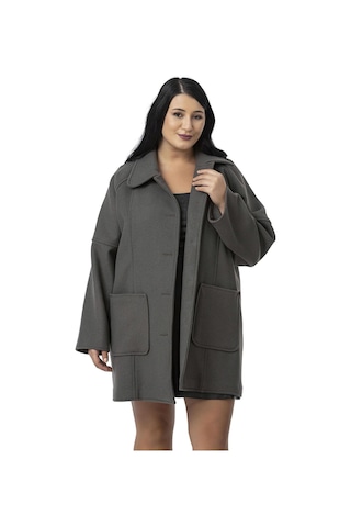 Büyük Beden Gömlek Yaka Reglan Kollu Torba Cepli Astarsız Kaşe Kısa Gri Kaban Gri