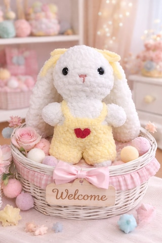 Amigurumi Kadife Örgü Küçük Boy Oyuncak Tavşan Beyaz Boy 20 Cm En 15 Cm Kulak 13 Cm - Sarı