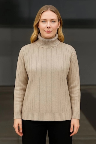 Kadın Balıkcı Yaka Bağazlı Triko Kazak Pamuklu Kalın Fitilli Dokuma - Bej Bej