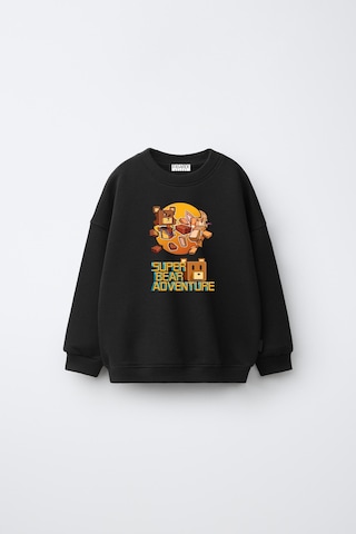 Fasardi Super Bear Adventure Baskılı Oversize 3 İplik Şardonsuz Uzun Kollu Unisex Çocuk Sweatshirt Siyah