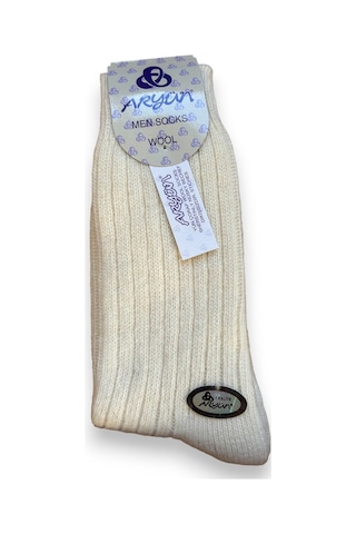 Erkek Saf Yün Kışlık Orta Kalınlıkta Dikişsiz 6 Çift Kendinden Çizgili Çorap Krem Boyasız Krem
