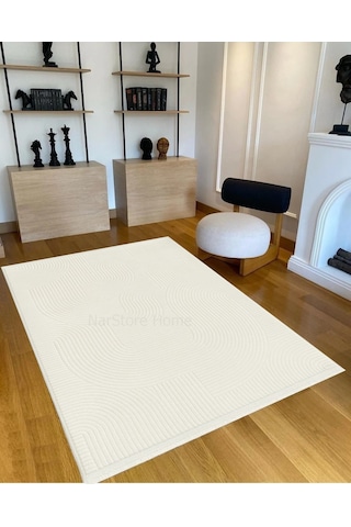 Rölyef Joy Krem Kaymaz Yıkanabilir Taban Kesme Salon Mutfak Halı Yolluk Beyaz