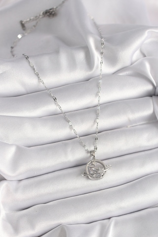 Gümüş Renk Zincir Zirkon Taşlı Yıldız Detay Gezegen Model Kadın Kolye - Ebj241228w30251 Bakır