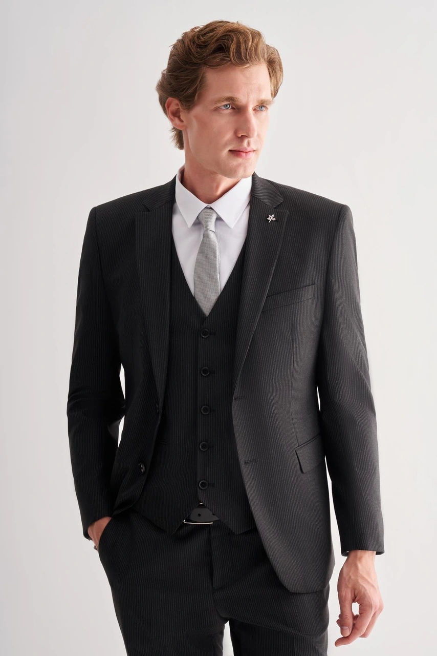 İmza Siyah Mono Yaka Tam Astar 6 Drop Slim Fit Esnek Yelekli Takım Elbise 1001255151 Siyah