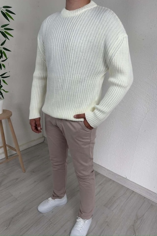 Explode - Erkek Ekru Bisiklet Yaka Oversize Triko Kazak Ekru