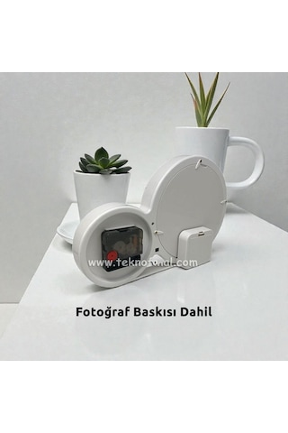 Saatli Sihirli Ayna Led Işıklı Kişiye Özel Fotoğraf Baskılı Fotoğraf Çerçevesi Beyaz