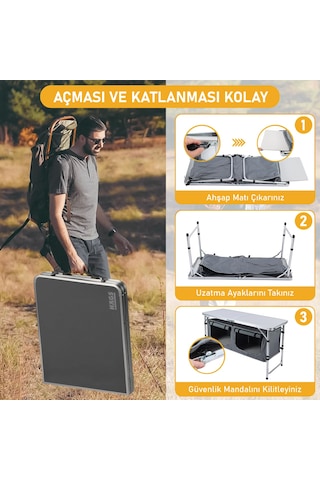 Haegs Saklama Dolaplı Katlanabilir Outdoor Kamp Piknik Masası - Seyahat-Dış Mekan Mutfağı 120 x 60 CM - Hareli Ceviz