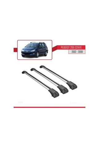 Peugeot 206 Estate 2002-2008 Arası İle Uyumlu Ace-1 Ara Atkı Tavan Barı Gri 3 Adet Bar