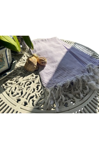 Ağcabay Denizli %100 Pamuklu 100x200cm Boho Stil Lila Çizgili Plaj Ve Havuz Peştemali, Şık Plaj Havlusu Açık Bej - Lila