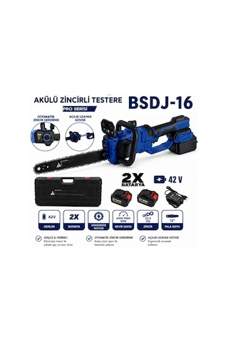 Algaride Bsdj-16 Akülü Zincirli Testere 42v 2 Bataryalı 12" Pala Kömürsüz Motor Otomatik Uzayan Gövde