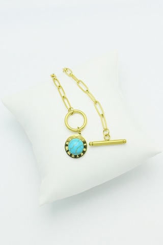 Altın Kaplama Seri Kararmaz Turkuaz Taşlı Roma Rakamlı Çeli Gold Altın